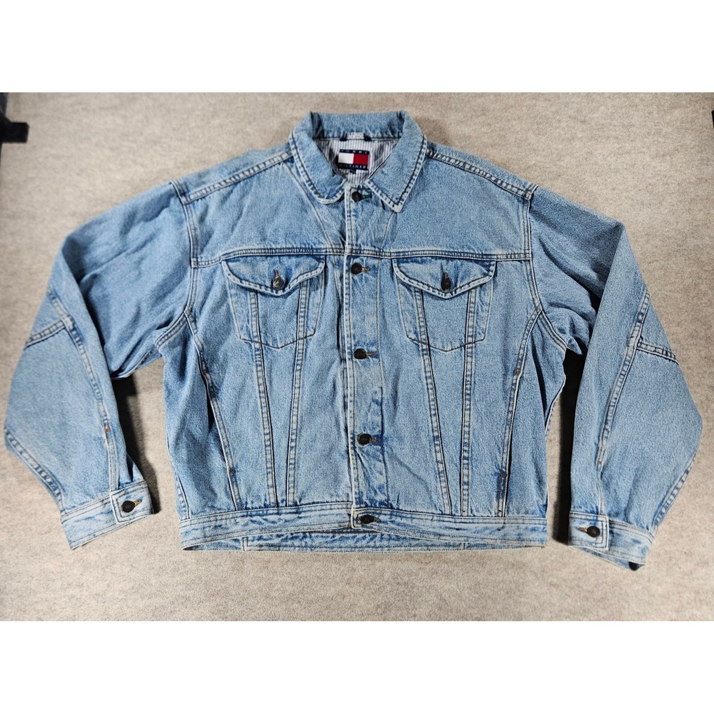 Vintage Tommy Hilfiger Denim Trucker Jacket Mens XL Light Wash Made Mauritius